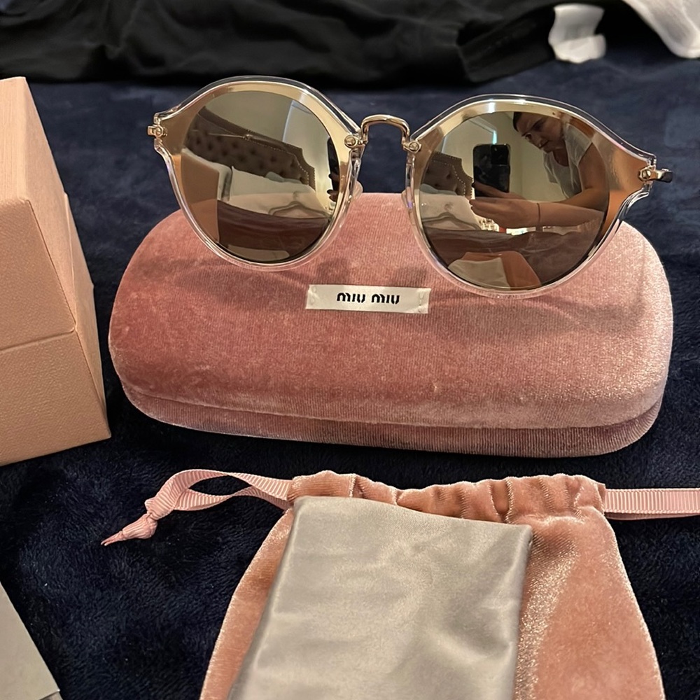 Miu Miu Clear Frame Sunglasses with Silver Mirrored Lenses and Pink Velvet Case